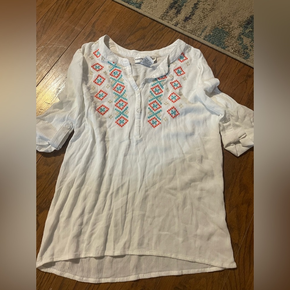 Cathy Daniels White Blouse with Colorful Embroidery